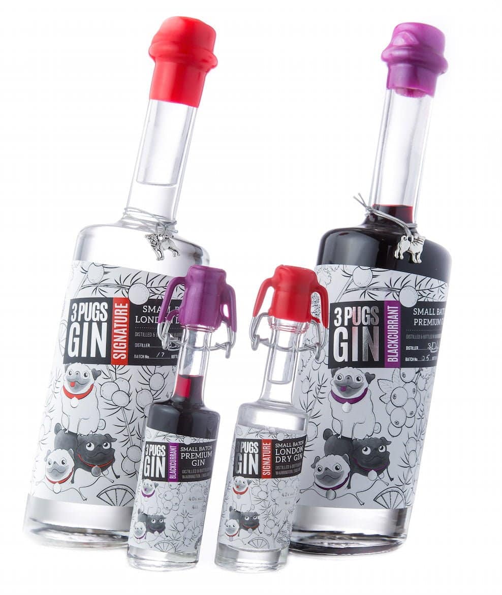 The 'drunken' slanting bottles and cute pugs make Christine's gin stand out!